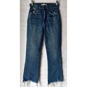 RIVET & THREAD Women's Size 23 Blue Denim Cropped Flare Jeans Distressed Raw Hem